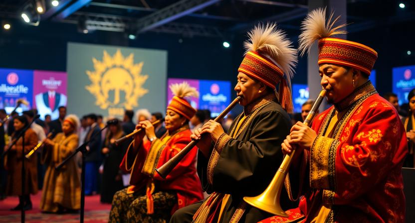 Traditional wind musicians performing at a global cultural festival
