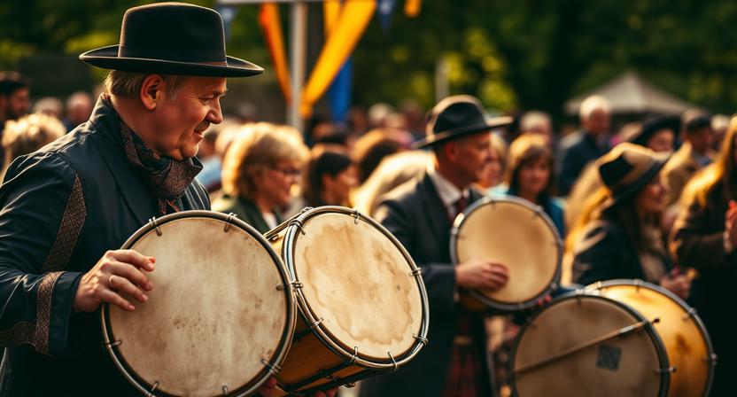 Traditional bodhran drummers performing at a cultural festival