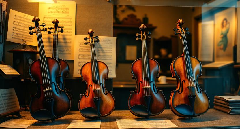 Antique violins displayed in a cultural heritage setting