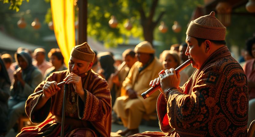 Traditional flute and whistle musicians at a cultural festival