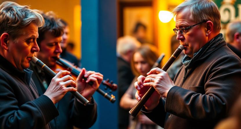 Traditional Irish whistle and flute musicians at a cultural festival