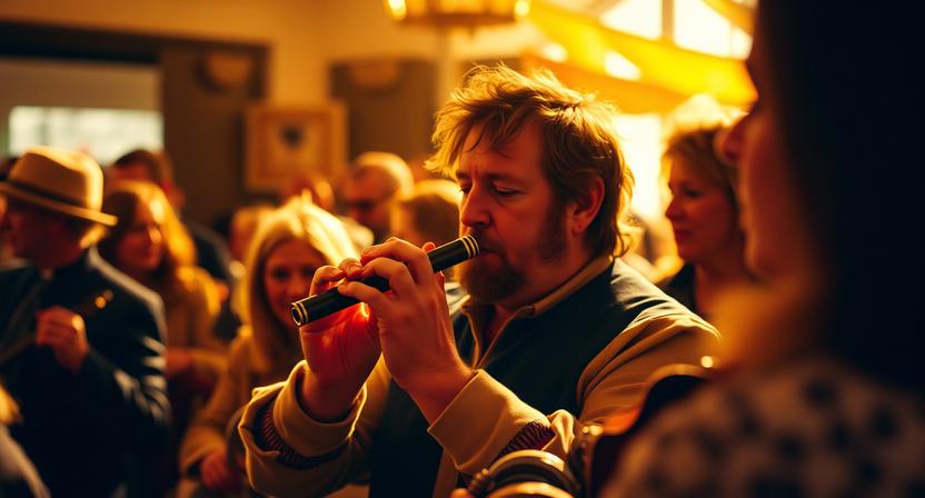 Musician playing a traditional Irish whistle instrument at a cultural event