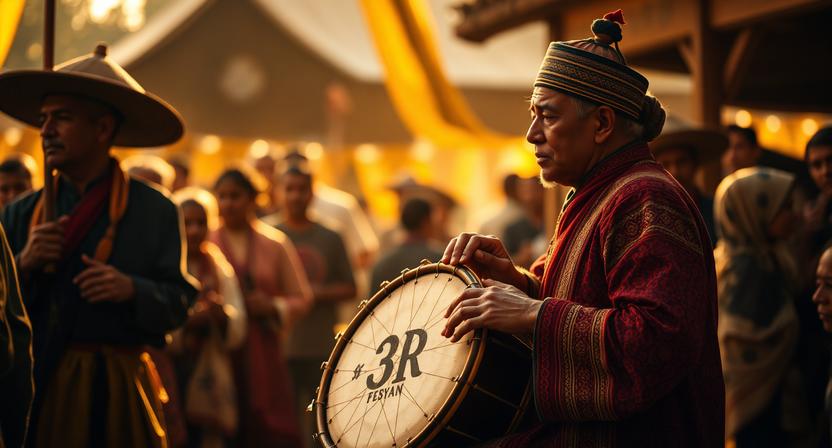 Musician playing a traditional bodran at a cultural event
