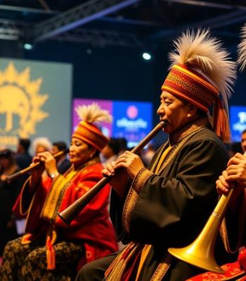 Traditional wind musicians performing at a global cultural festival
