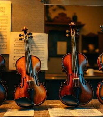 Antique violins displayed in a cultural heritage setting